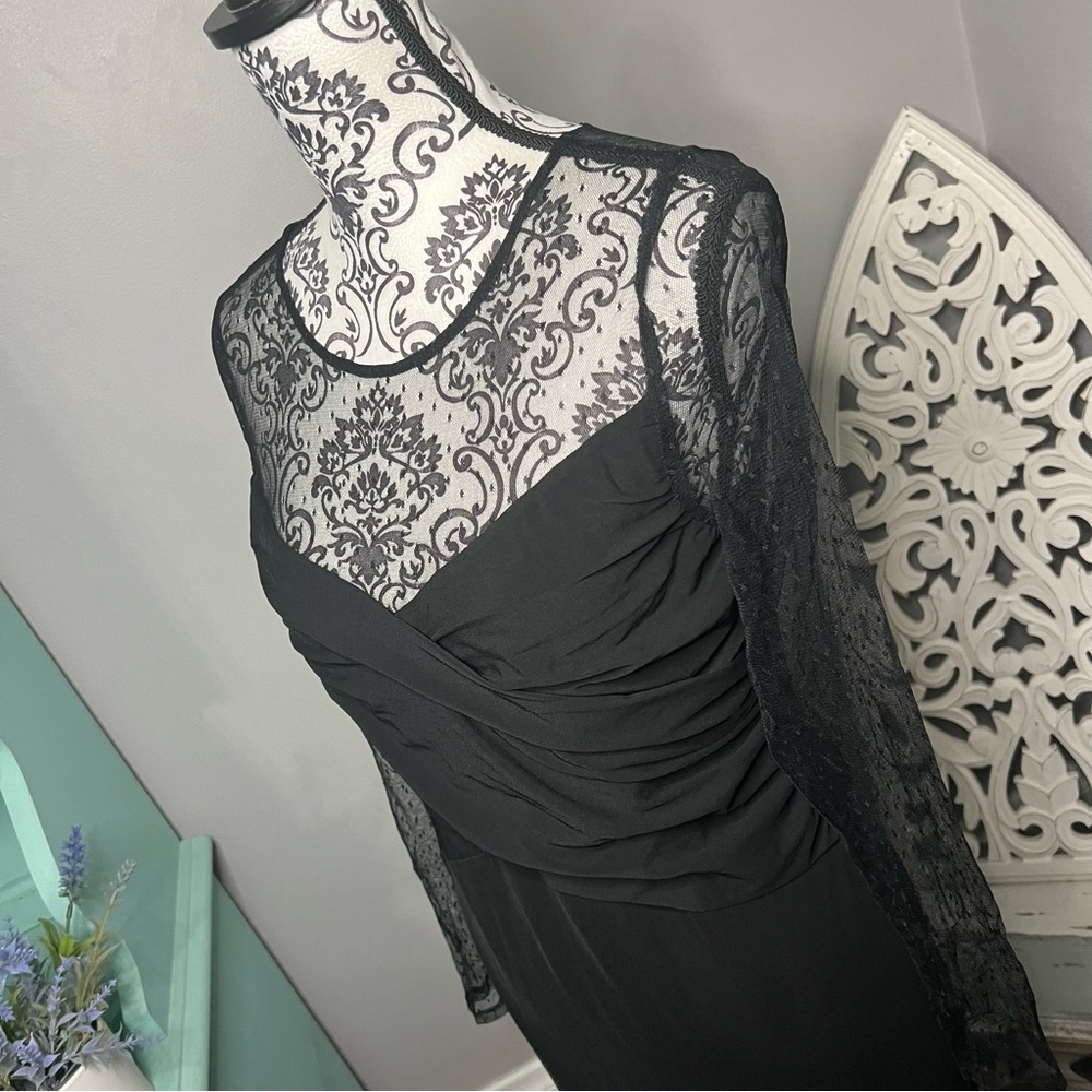 Vince Camuto Ruched Dot Mesh Dress Size Medium Black LBD Wedding Guest - Picture 7 of 14